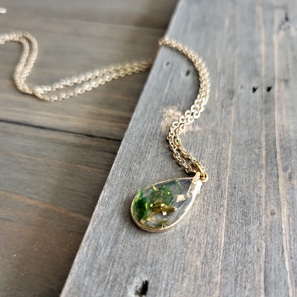 Hand Crafted Jewelry - Petite Green Moss Resin Teardrop Necklace- Handmade Necklace- 18 Karat Gold Neck